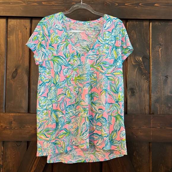 NWOT Lilly Pulitzer Multicolor Pink Blue Fish Printed Short Sleeve Tee Large - Picture 1 of 8